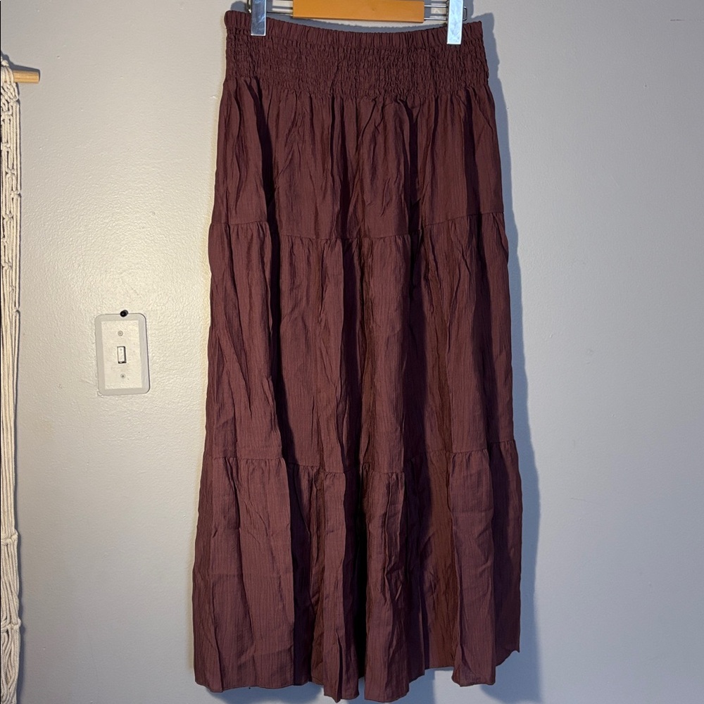 Plum Wine Maroon smocked waist Viscose Blend breezy summerlightweight midi skirt